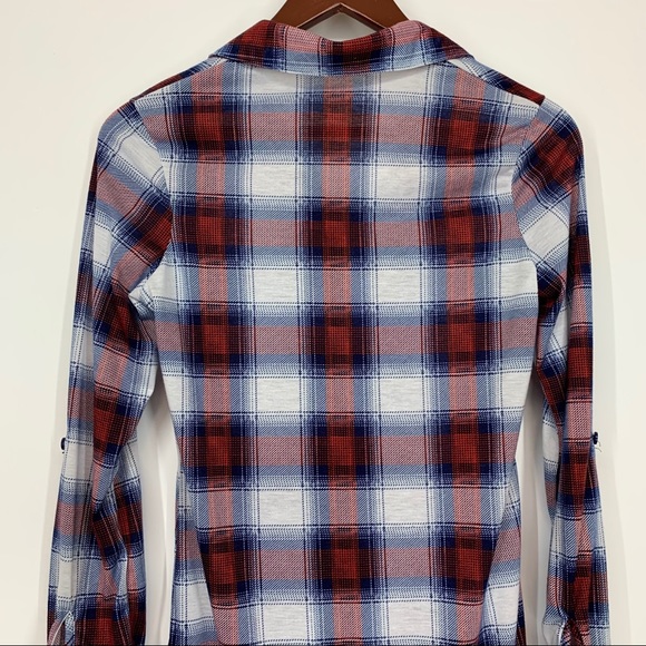 New Look Lightweight Soft Plaid Long Sleeve Button Up Red White & Blue Size S - Picture 5 of 11